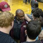 Mr. Hicks huddles with 2019 grads to celebrate continuation of the RoboTigers VEX robotics powerhouse at Tucker HS
