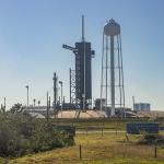 Space X crew Dragon launch Pad 39A with crew arm deployed at Kennedy Space Center