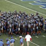Georgia State Panthers huddle around Head Coach Shawn Elliott prior to game